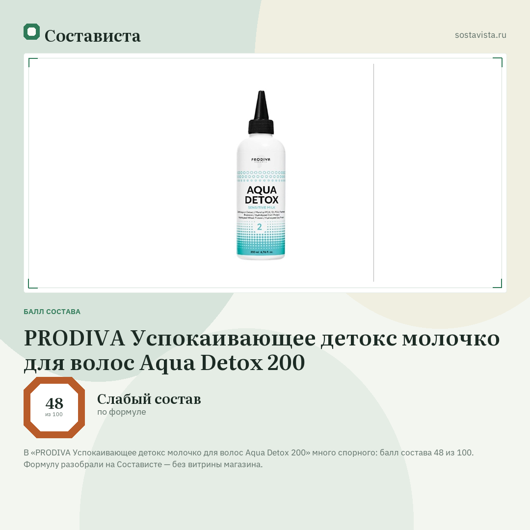 PRODIVA Успокаивающее детокс молочко для волос Aqua Detox 200: балл состава 48 из 100 — Состависта