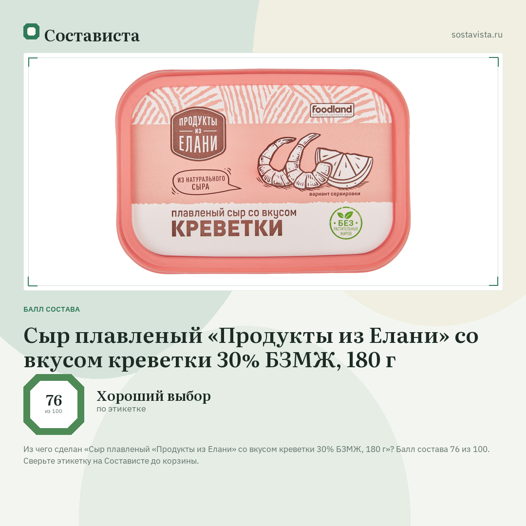 Сыр плавленый «Продукты из Елани» со вкусом креветки 30% БЗМЖ, 180 г: балл состава 76 из 100 — Состависта