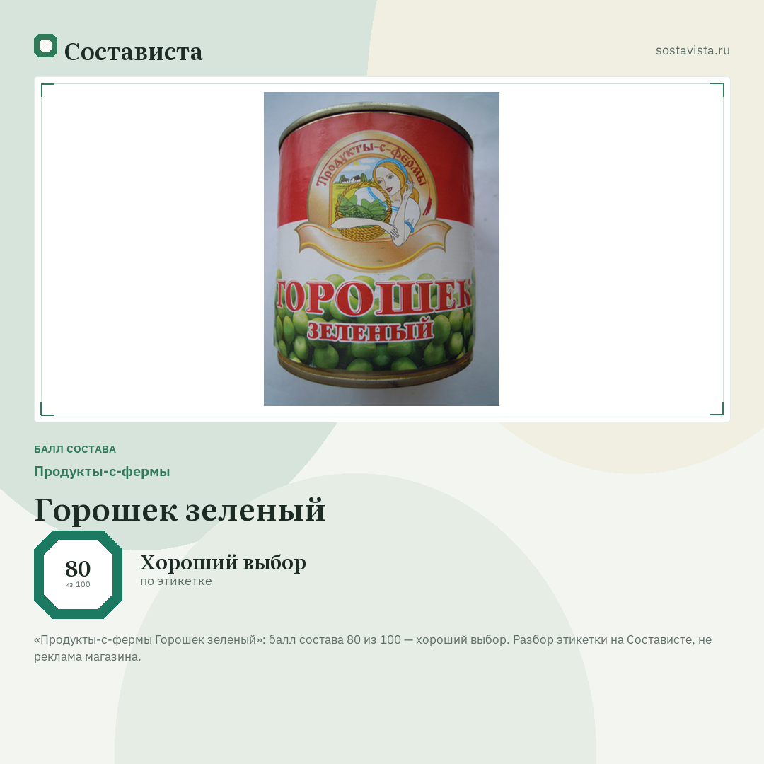 Продукты-с-фермы Горошек зеленый: балл состава 80 из 100 — Состависта
