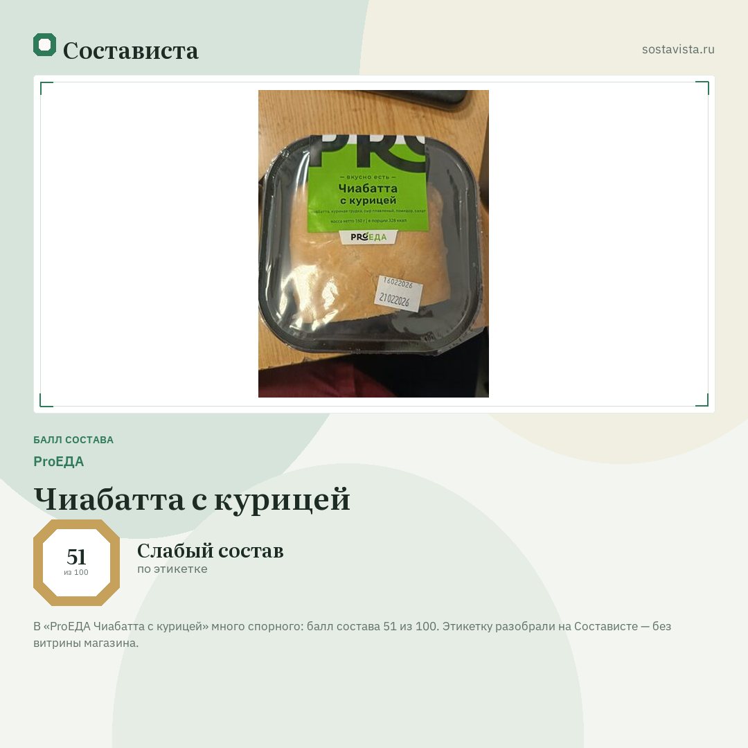 ProЕДА Чиабатта с курицей: балл состава 51 из 100 — Состависта