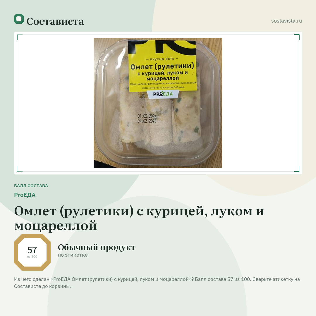 ProЕДА Омлет (рулетики) с курицей, луком и моцареллой: балл состава 57 из 100 — Состависта