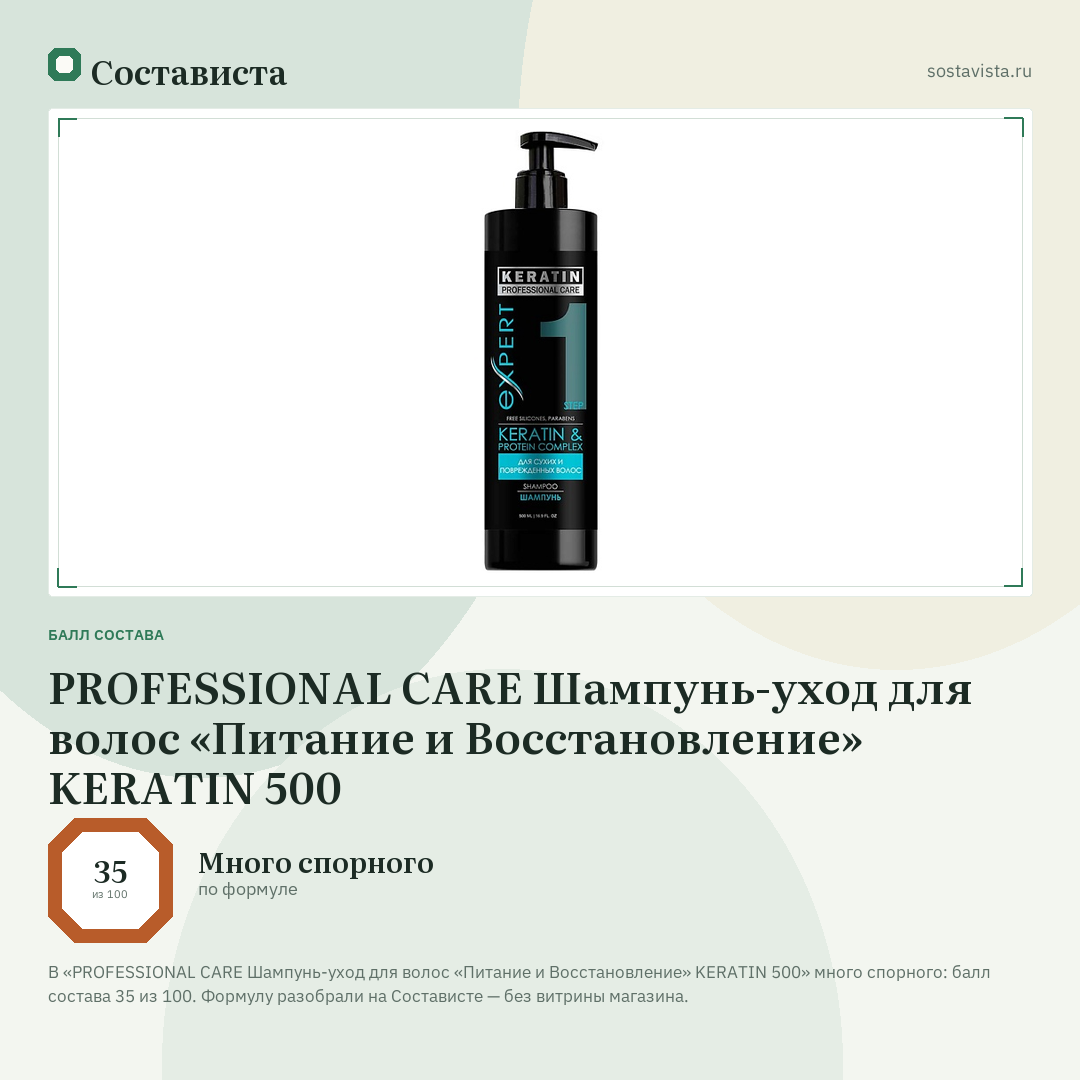 PROFESSIONAL CARE Шампунь-уход для волос «Питание и Восстановление» KERATIN 500: балл состава 35 из 100 — Состависта