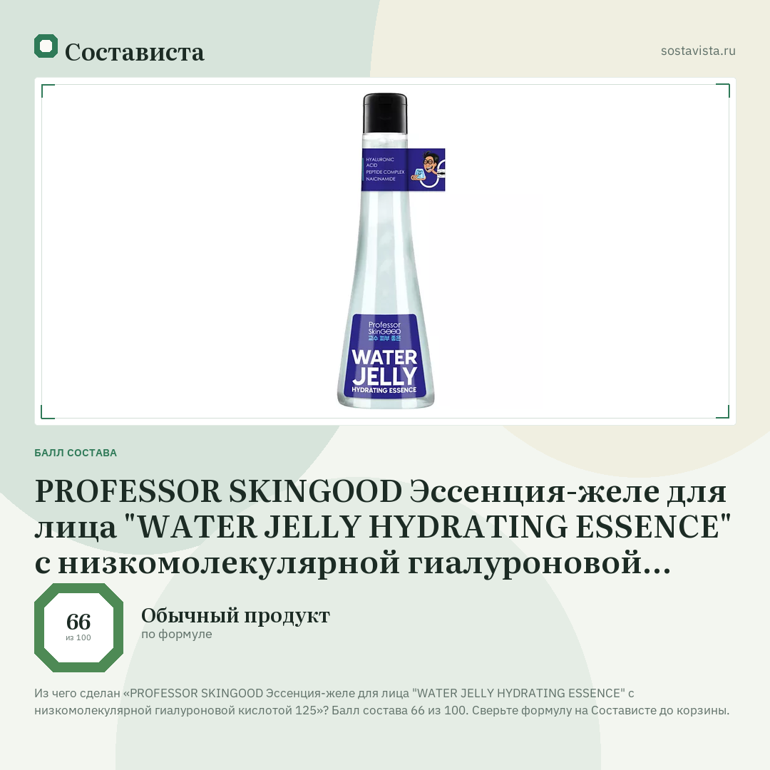 PROFESSOR SKINGOOD Эссенция-желе для лица "WATER JELLY HYDRATING ESSENCE" с низкомолекулярной гиалуроновой кислотой 125: балл состава 66 из 100 — Состависта