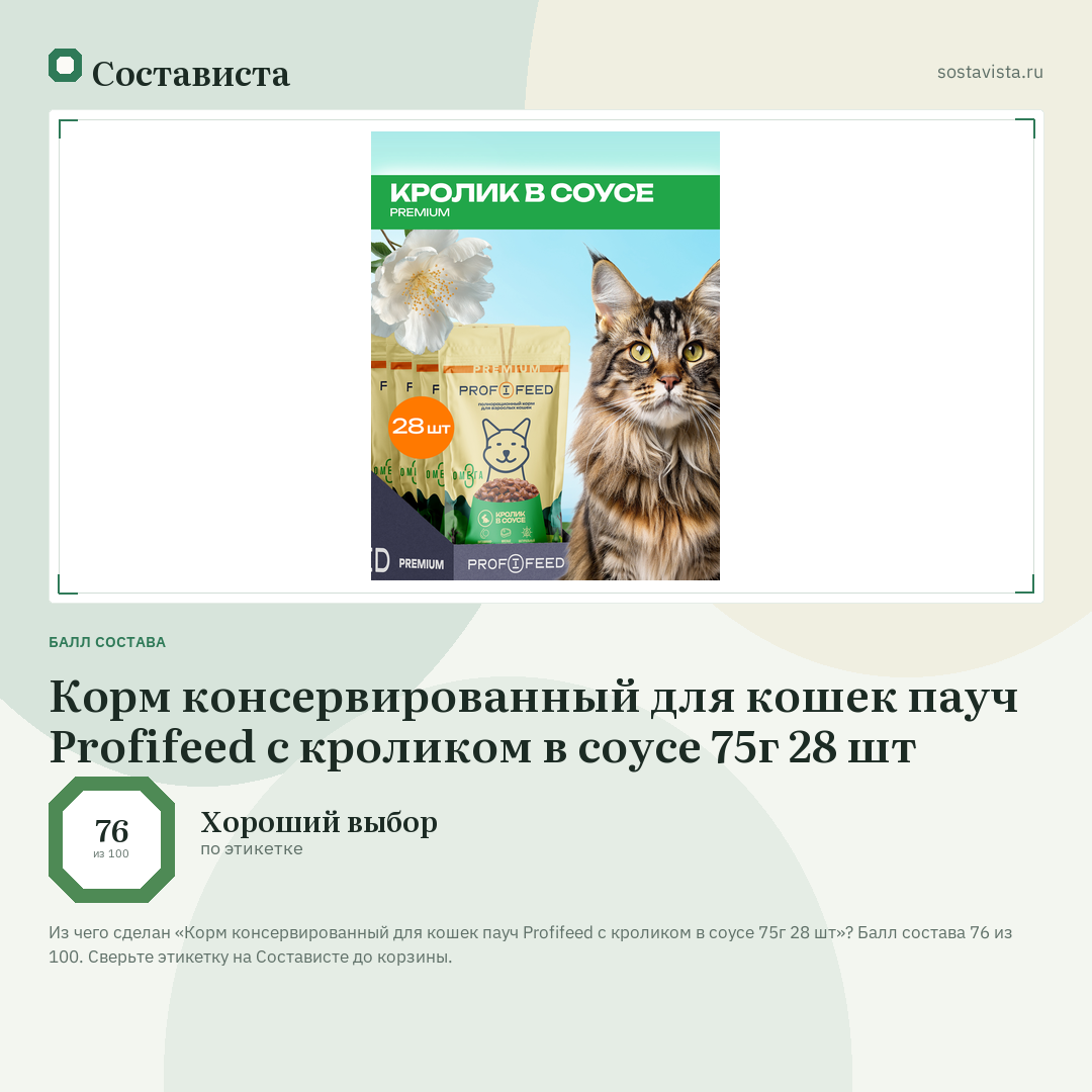 Корм консервированный для кошек пауч Profifeed с кроликом в соусе 75г 28 шт: балл состава 76 из 100 — Состависта