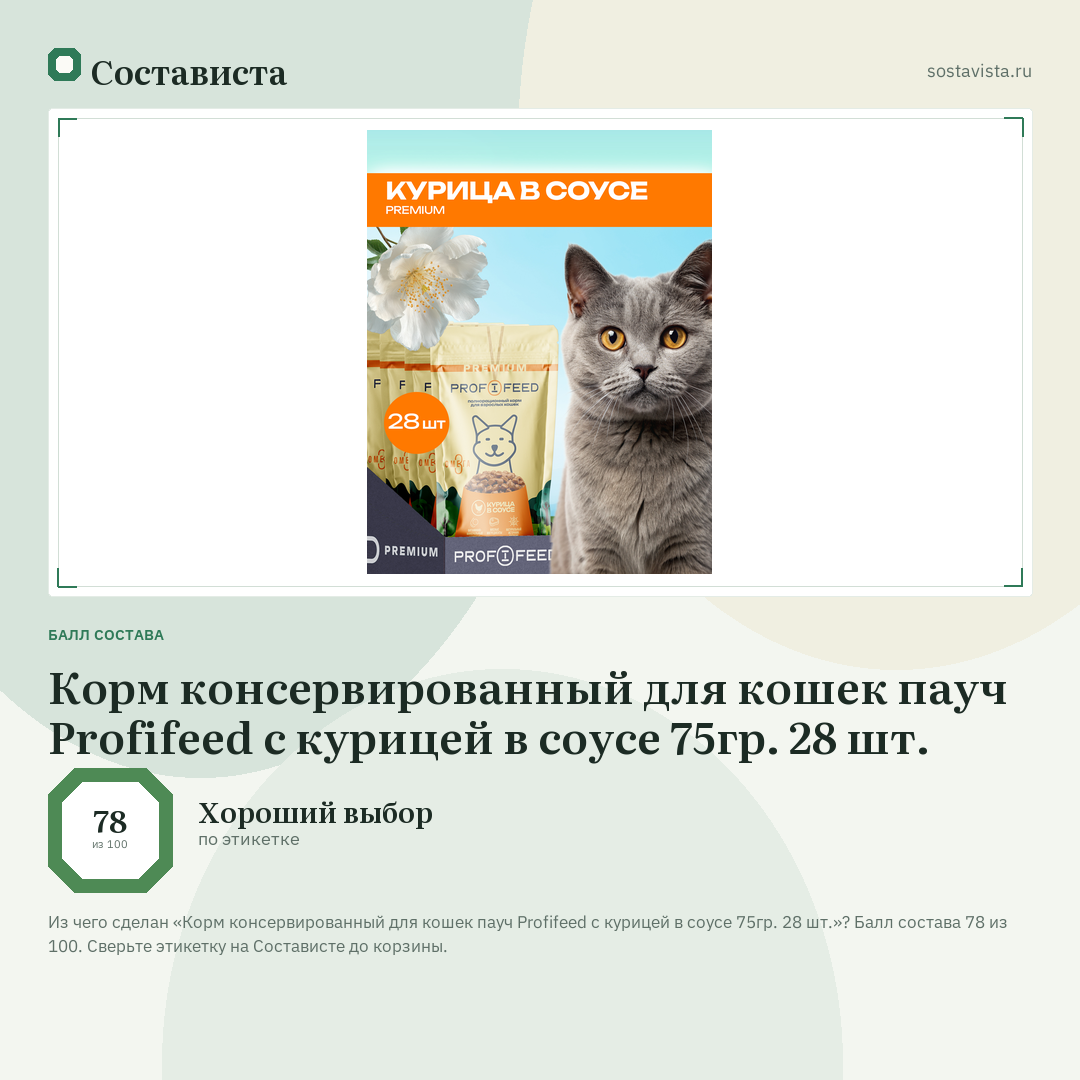 Корм консервированный для кошек пауч Profifeed с курицей в соусе 75гр. 28 шт.: балл состава 78 из 100 — Состависта