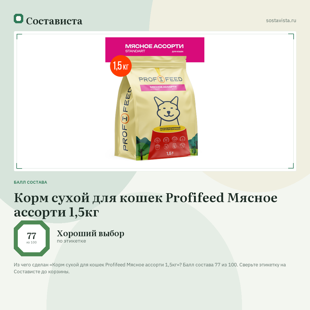 Корм сухой для кошек Profifeed Мясное ассорти 1,5кг: балл состава 77 из 100 — Состависта