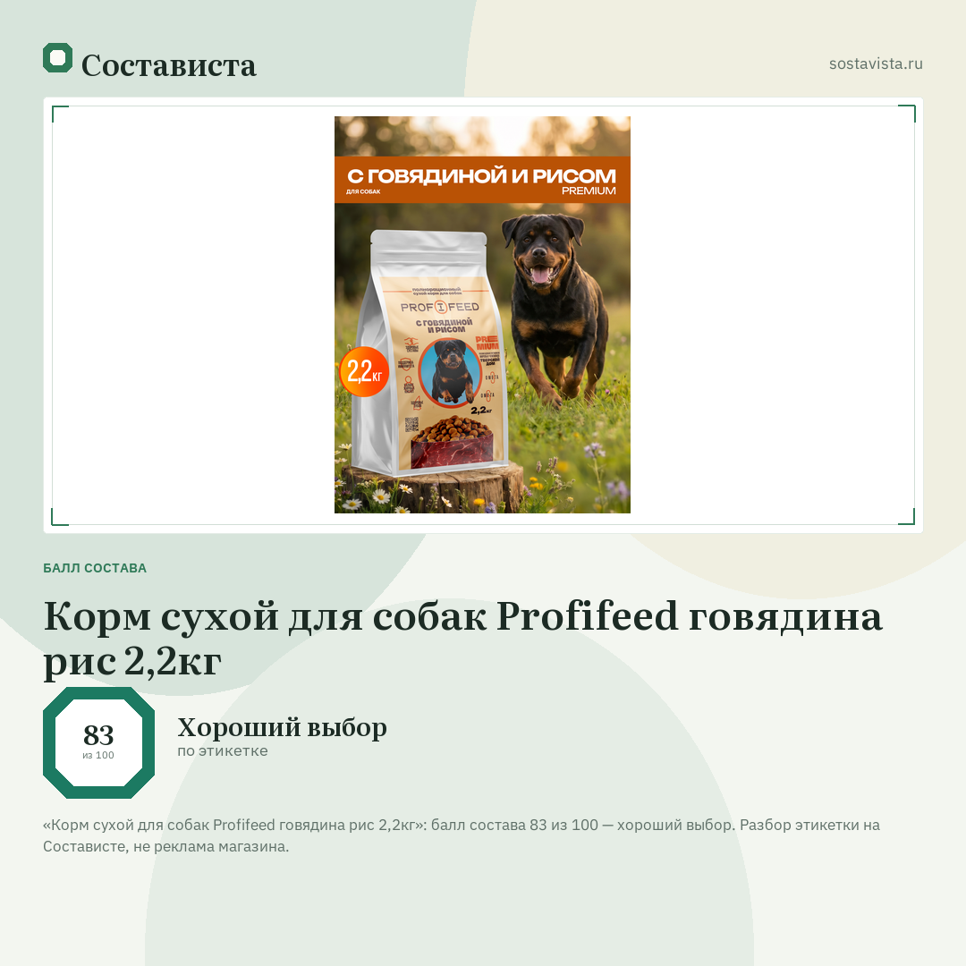 Корм сухой для собак Profifeed говядина рис 2,2кг: балл состава 83 из 100 — Состависта
