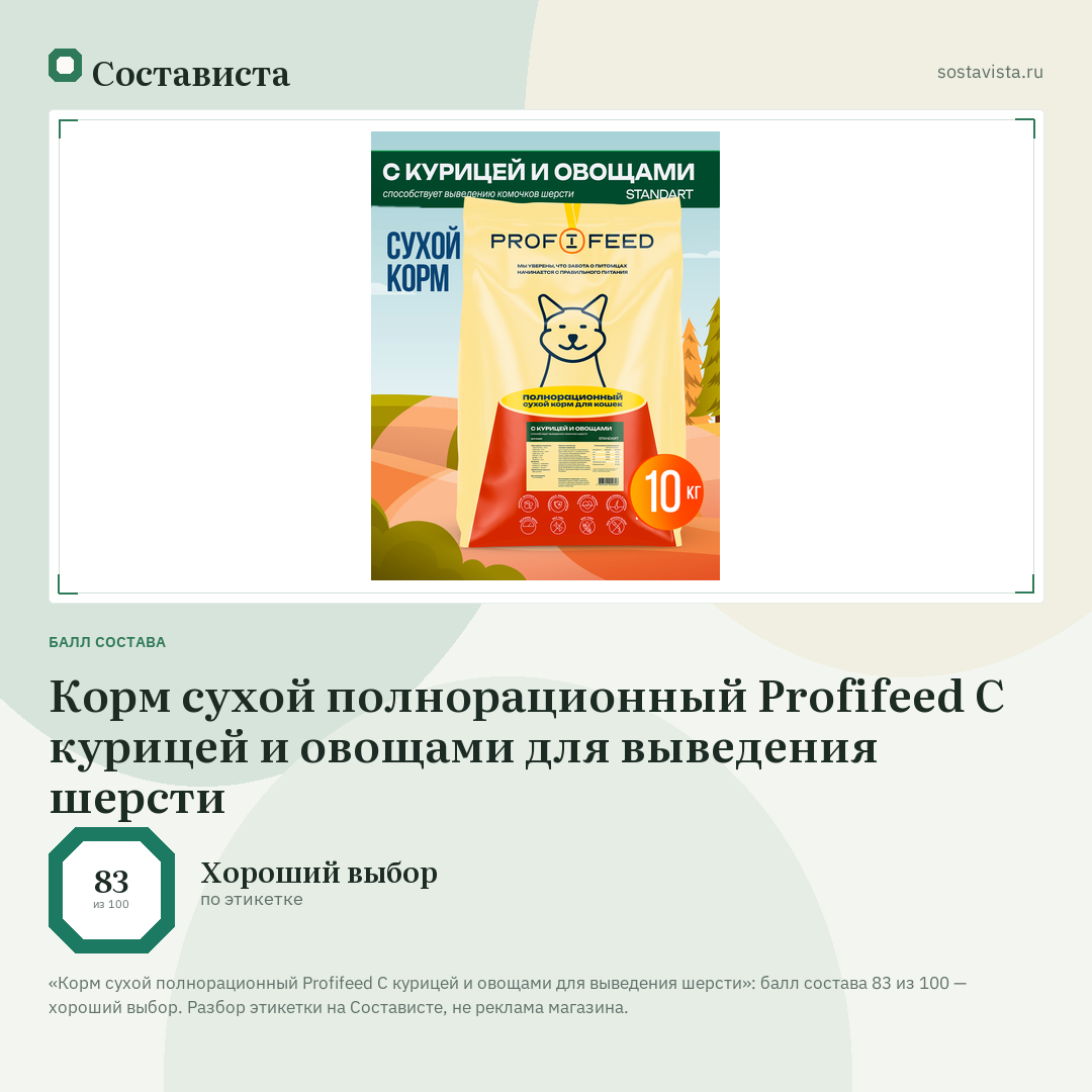 Корм сухой полнорационный Profifeed С курицей и овощами для выведения шерсти: балл состава 83 из 100 — Состависта