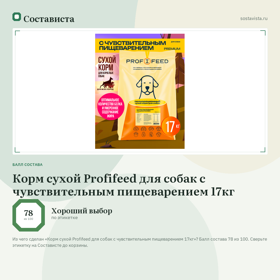 Корм сухой Profifeed для собак с чувствительным пищеварением 17кг: балл состава 78 из 100 — Состависта