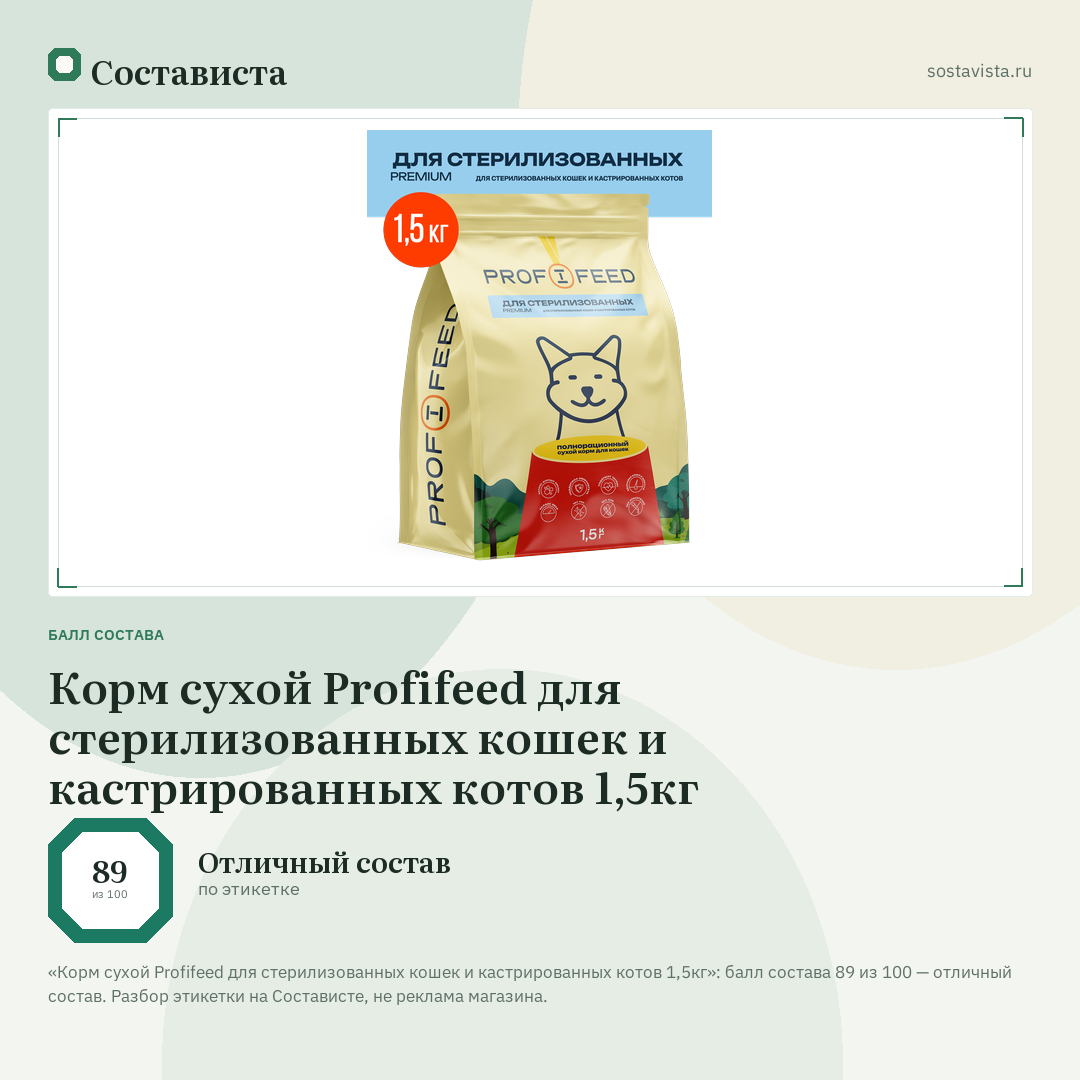 Корм сухой Profifeed для стерилизованных кошек и кастрированных котов 1,5кг: балл состава 89 из 100 — Состависта