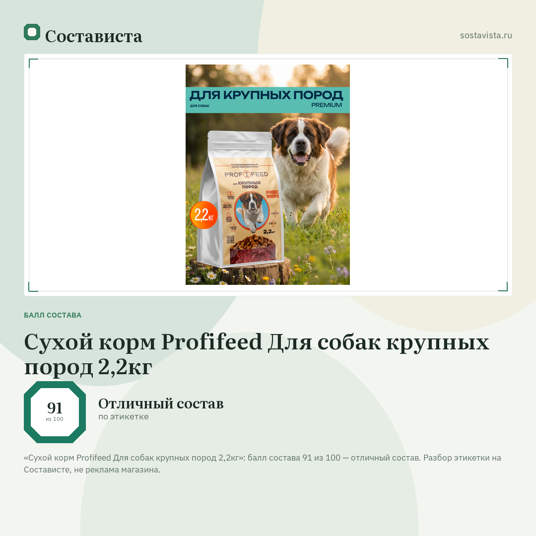 Сухой корм Profifeed Для собак крупных пород 2,2кг: балл состава 91 из 100 — Состависта