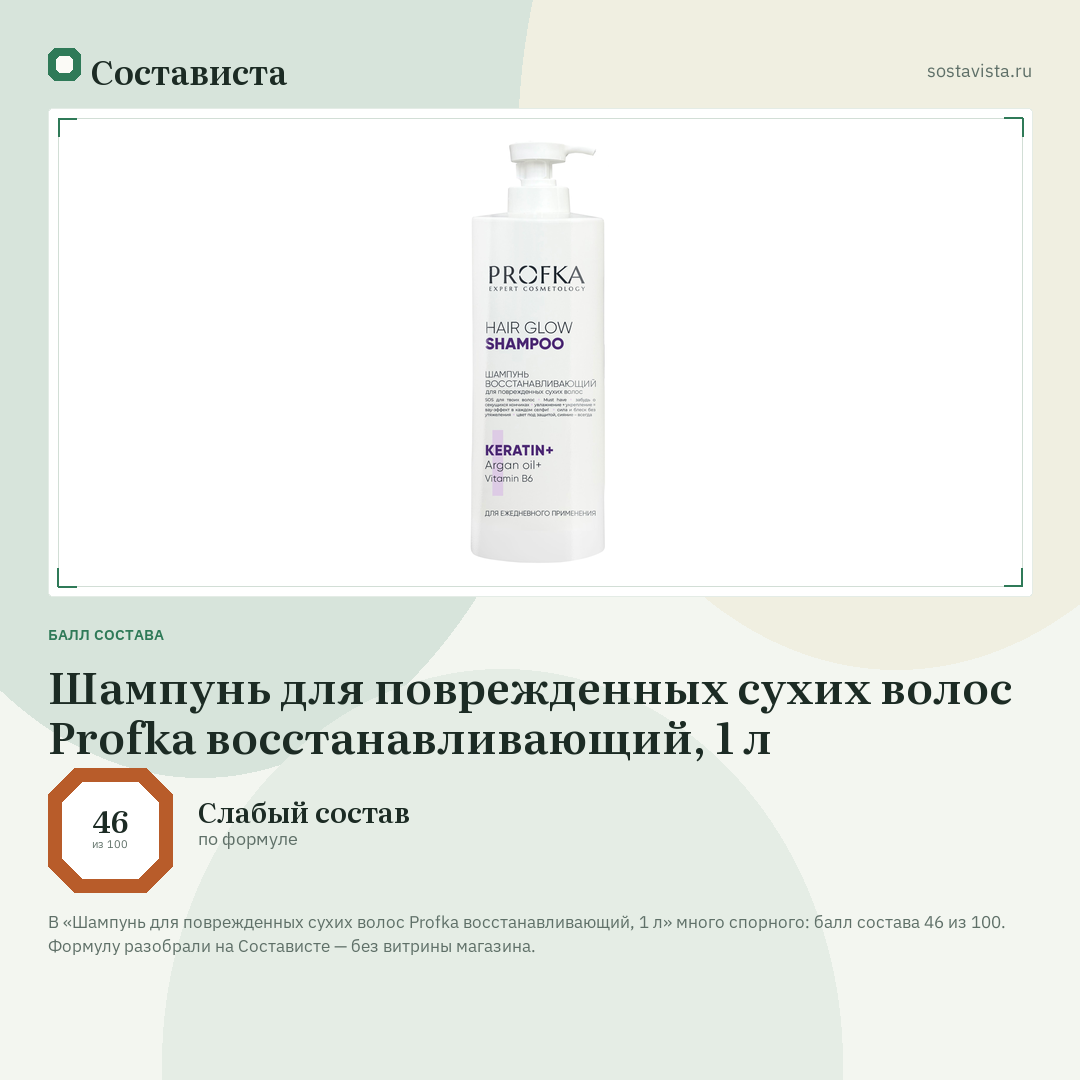 Шампунь для поврежденных сухих волос Profka восстанавливающий, 1 л: балл состава 46 из 100 — Состависта