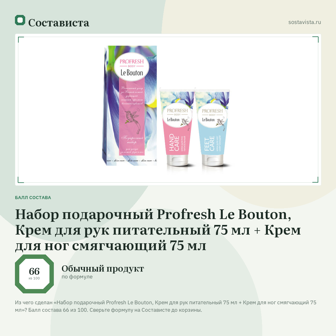 Набор подарочный Profresh Le Bouton, Крем для рук питательный 75 мл + Крем для ног смягчающий 75 мл: балл состава 66 из 100 — Состависта