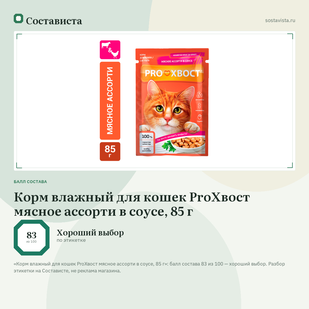 Корм влажный для кошек ProХвост мясное ассорти в соусе, 85 г: балл состава 83 из 100 — Состависта