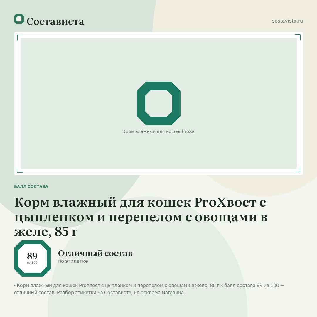 Корм влажный для кошек ProХвост с цыпленком и перепелом с овощами в желе, 85 г: балл состава 89 из 100 — Состависта