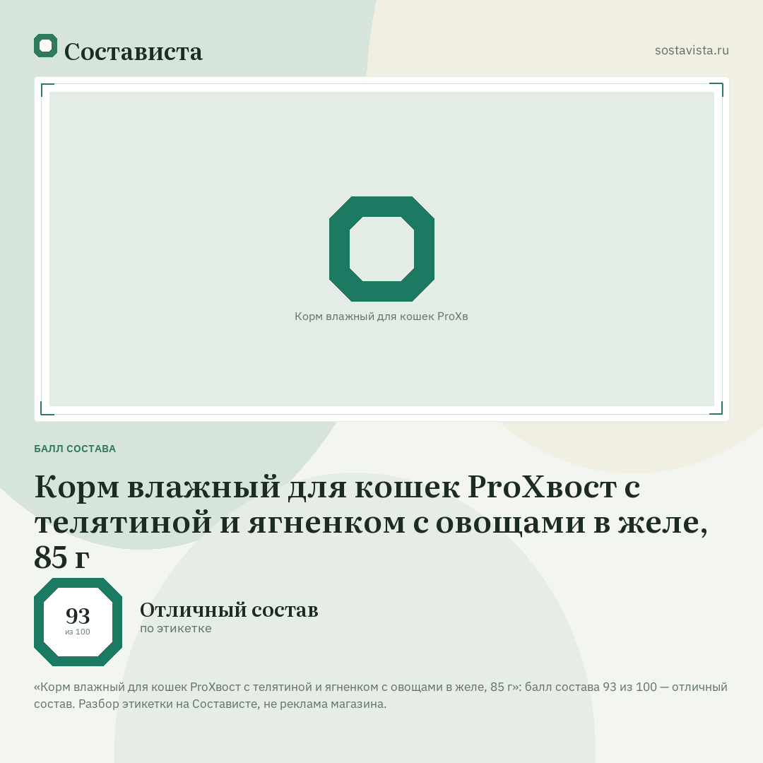 Корм влажный для кошек ProХвост с телятиной и ягненком с овощами в желе, 85 г: балл состава 93 из 100 — Состависта