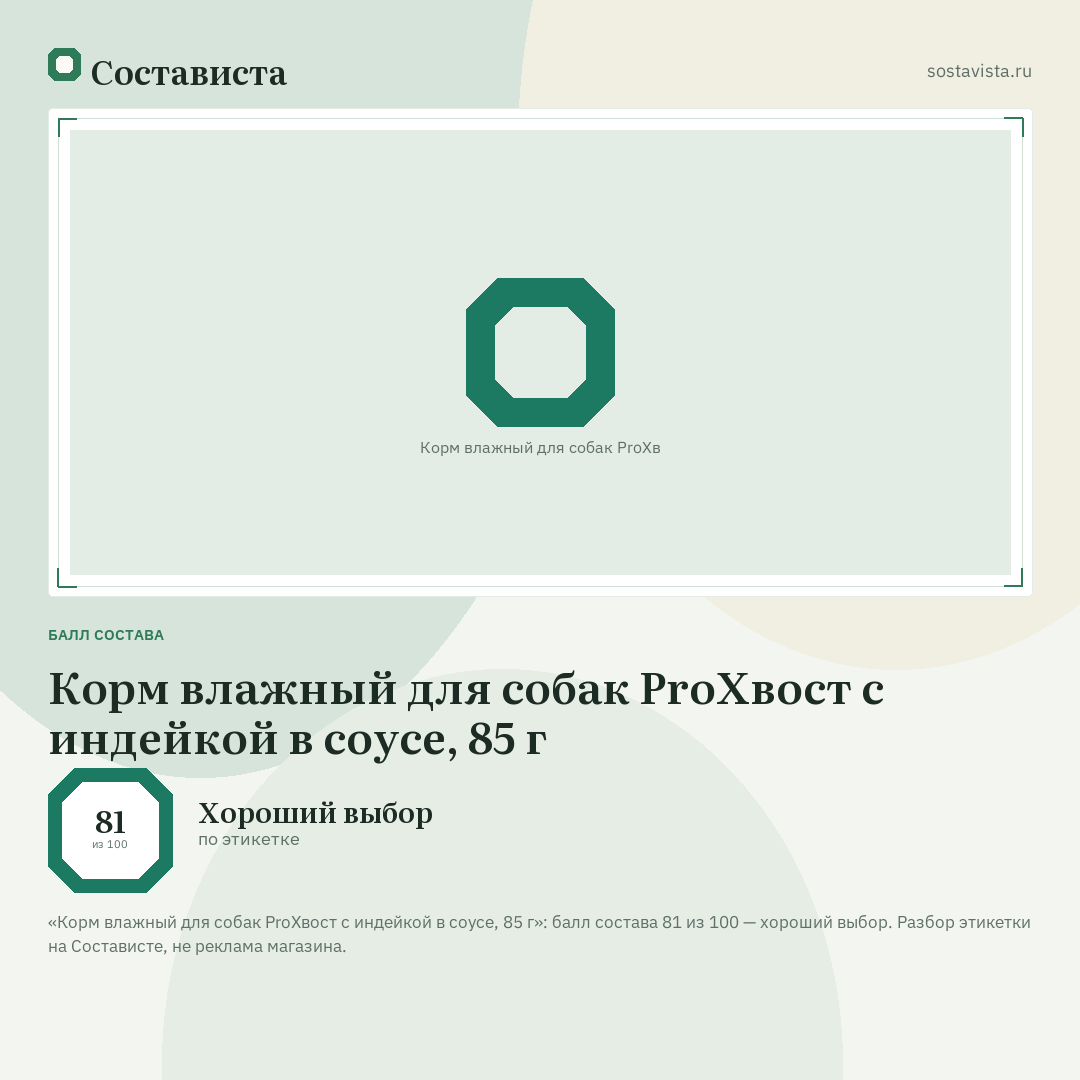 Корм влажный для собак ProХвост с индейкой в соусе, 85 г: балл состава 81 из 100 — Состависта