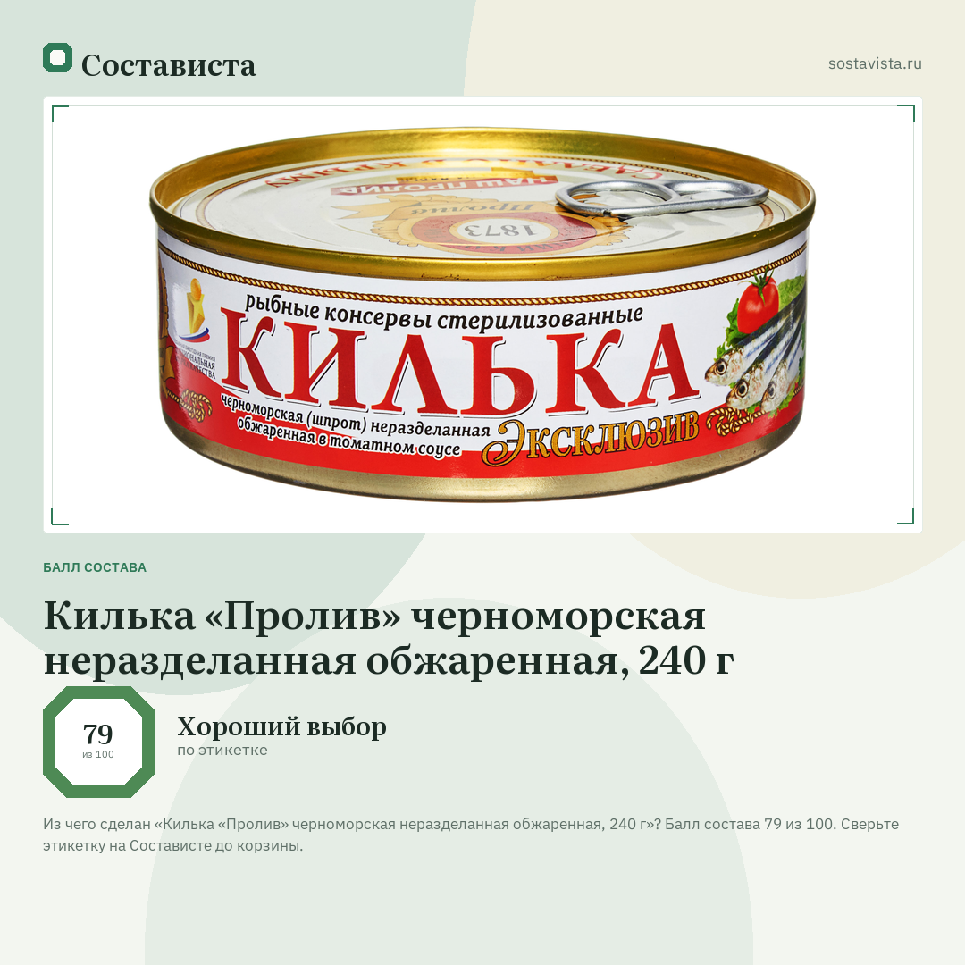 Килька «Пролив» черноморская неразделанная обжаренная, 240 г: балл состава 79 из 100 — Состависта