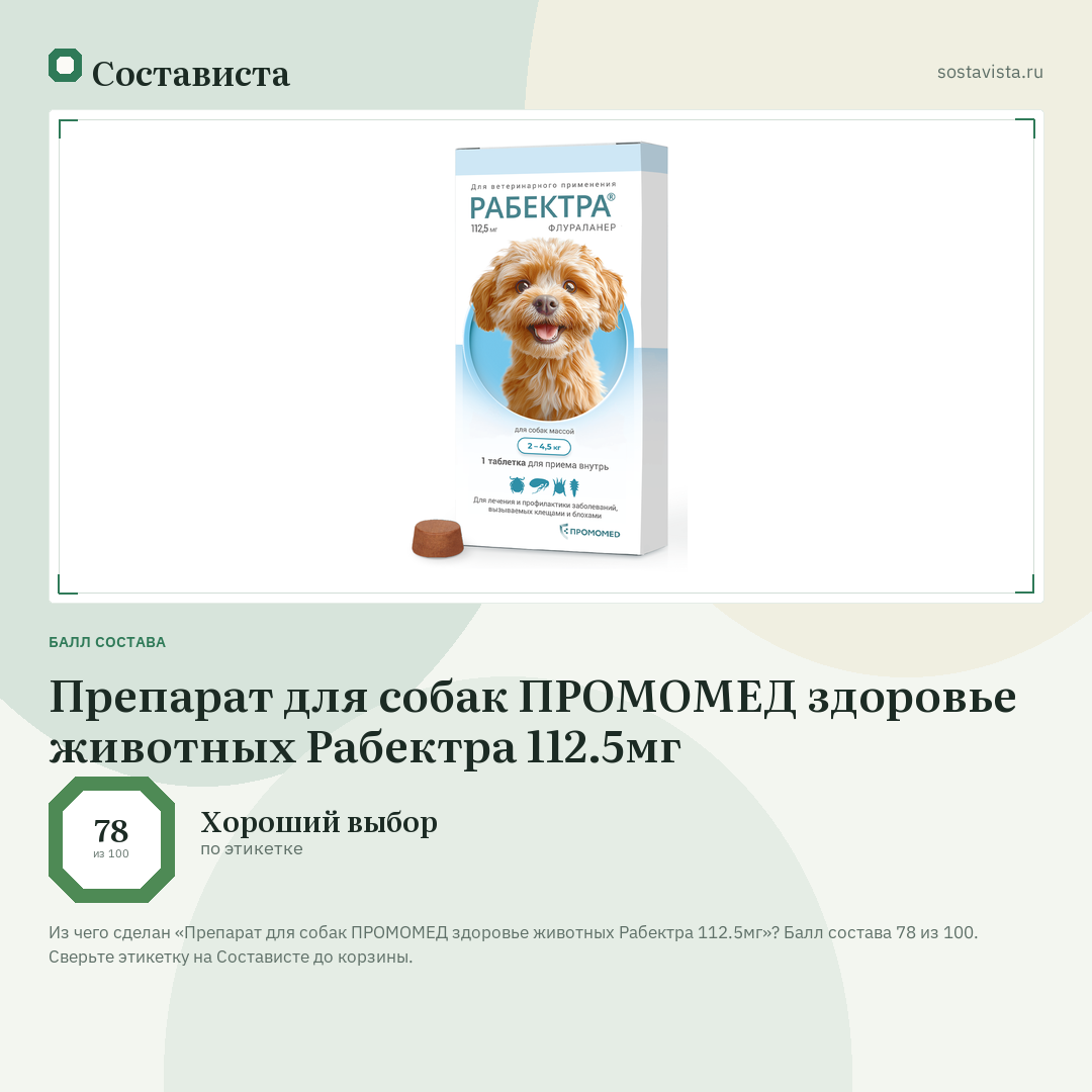 Препарат для собак ПРОМОМЕД здоровье животных Рабектра 112.5мг: балл состава 78 из 100 — Состависта