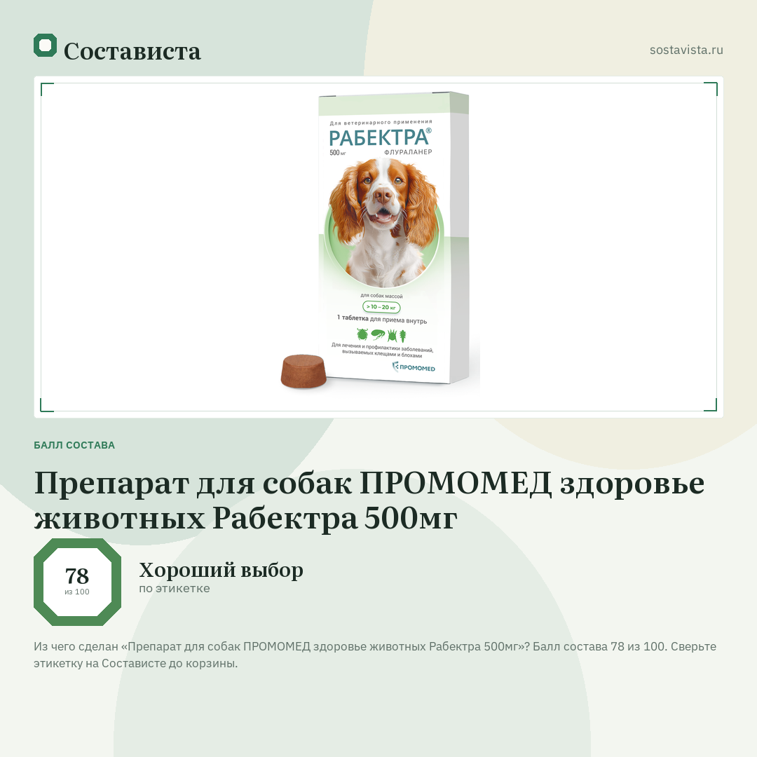 Препарат для собак ПРОМОМЕД здоровье животных Рабектра 500мг: балл состава 78 из 100 — Состависта