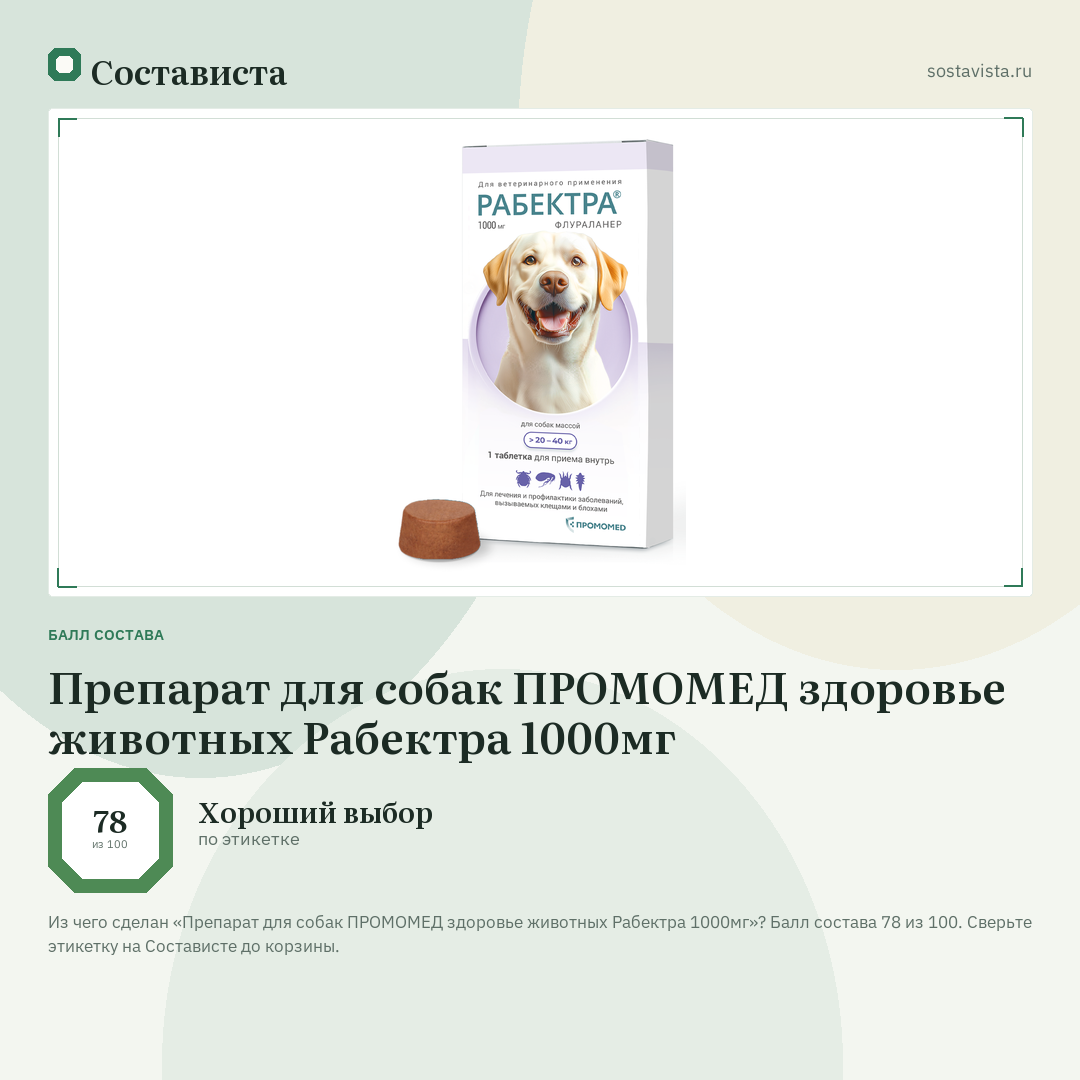 Препарат для собак ПРОМОМЕД здоровье животных Рабектра 1000мг: балл состава 78 из 100 — Состависта