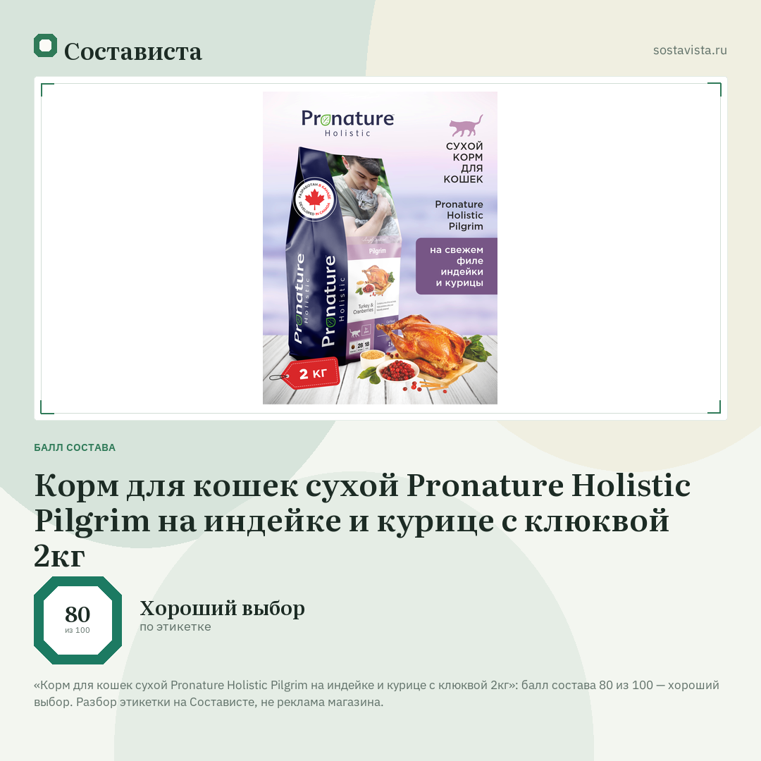 Корм для кошек сухой Pronature Holistic Pilgrim на индейке и курице с клюквой 2кг: балл состава 80 из 100 — Состависта