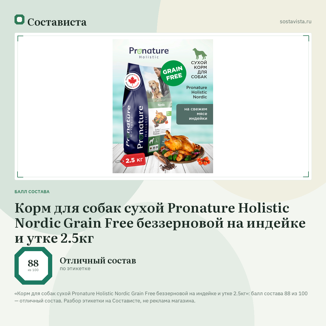 Корм для собак сухой Pronature Holistic Nordic Grain Free беззерновой на индейке и утке 2.5кг: балл состава 88 из 100 — Состависта