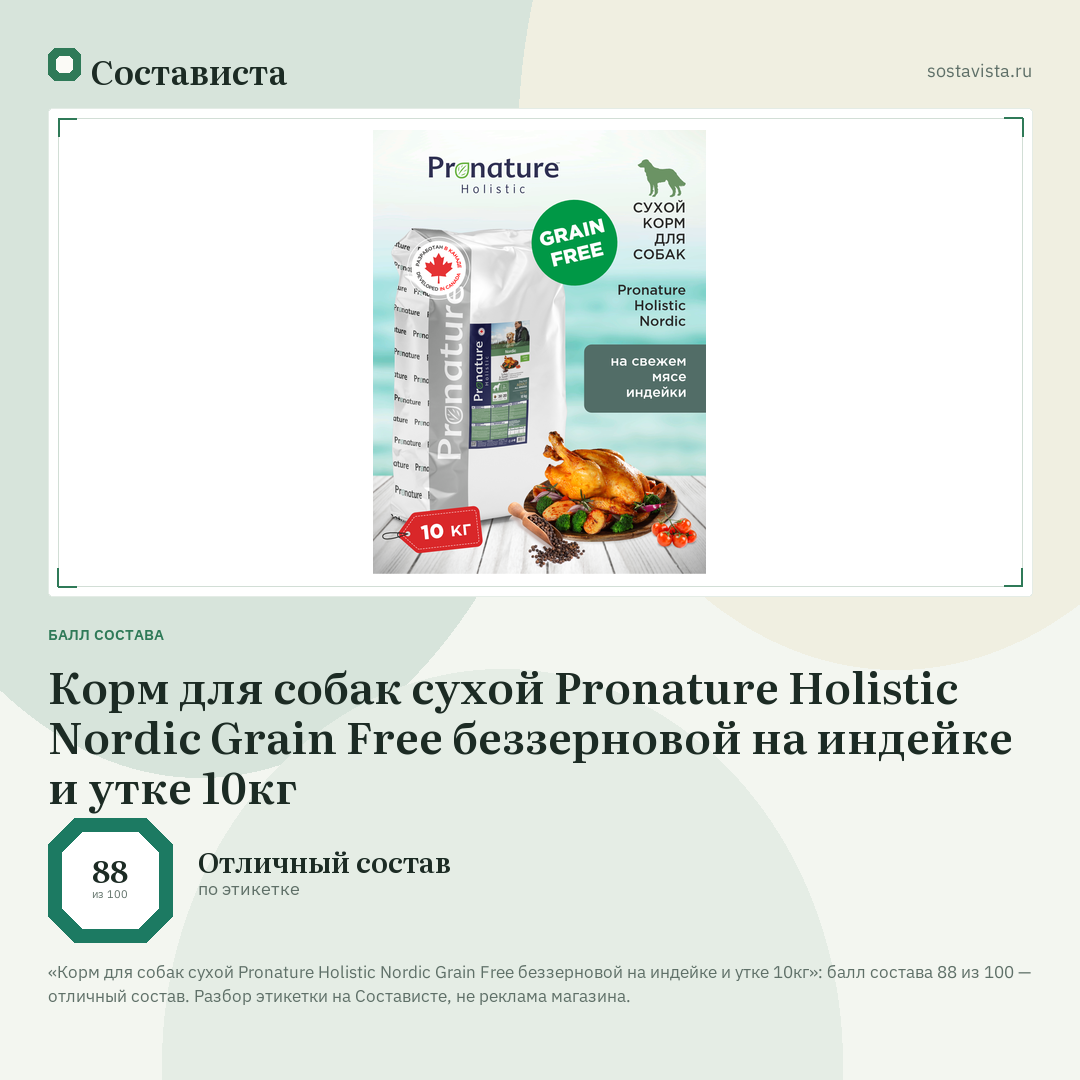 Корм для собак сухой Pronature Holistic Nordic Grain Free беззерновой на индейке и утке 10кг: балл состава 88 из 100 — Состависта