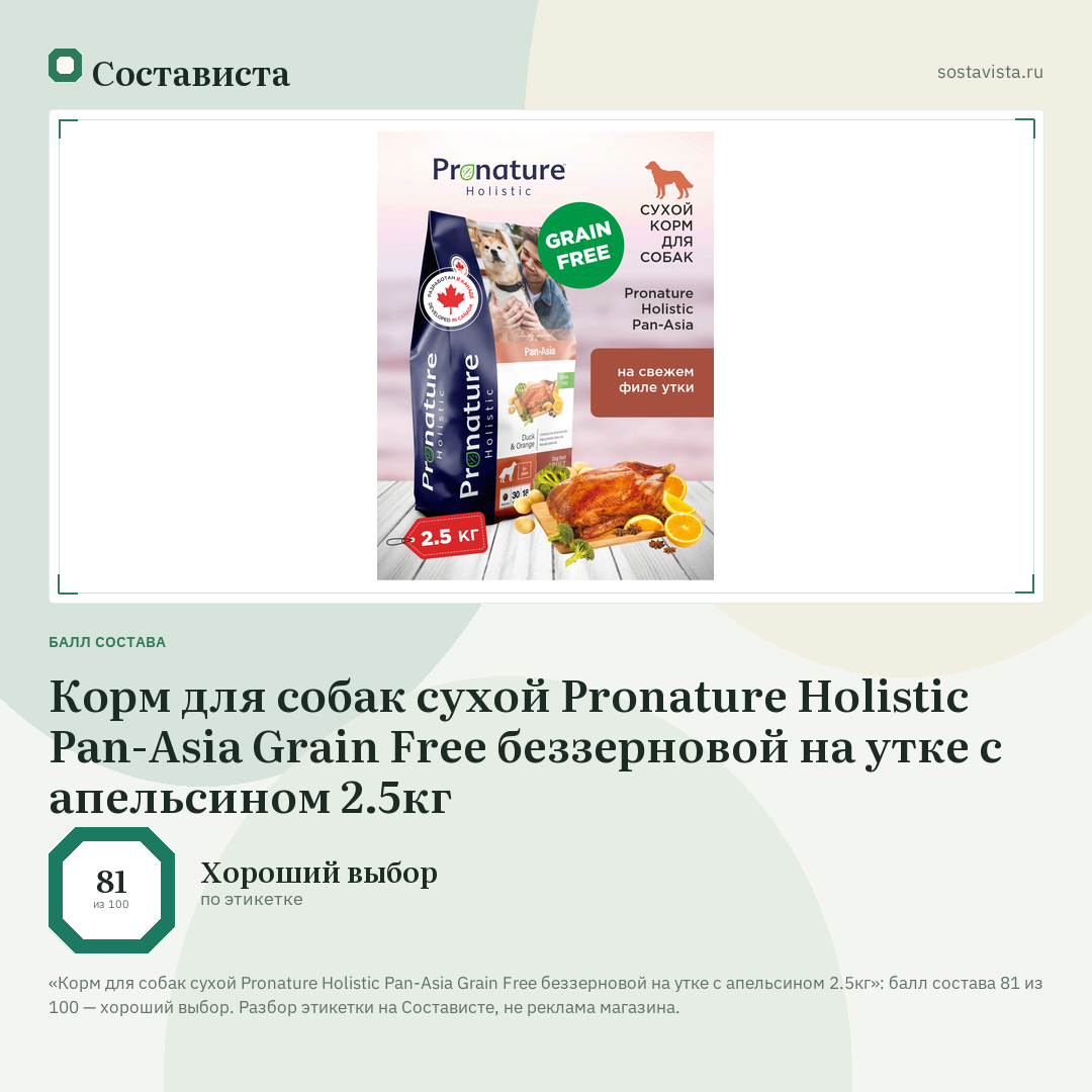 Корм для собак сухой Pronature Holistic Pan-Asia Grain Free беззерновой на утке с апельсином 2.5кг: балл состава 81 из 100 — Состависта