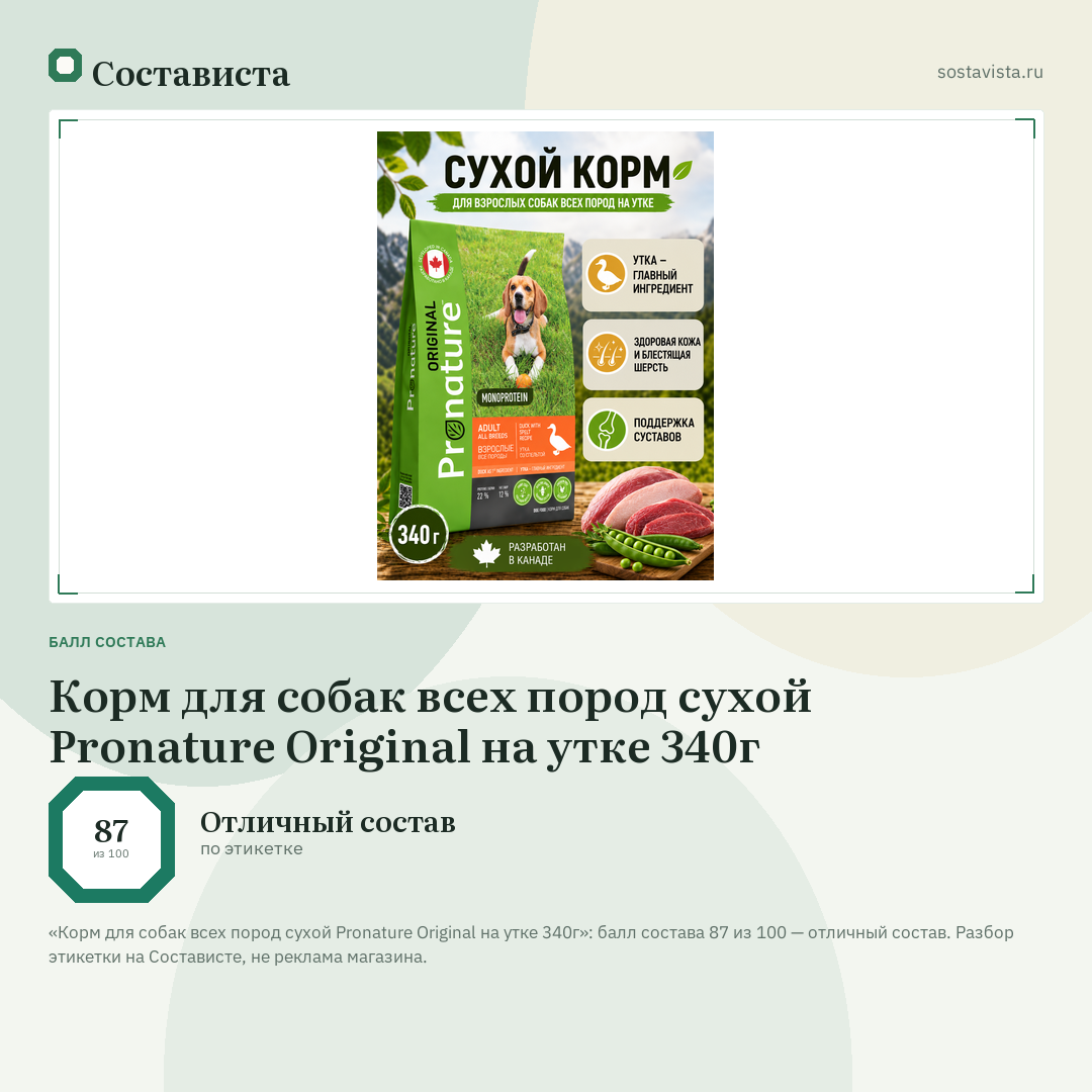 Корм для собак всех пород сухой Pronature Original на утке 340г: балл состава 87 из 100 — Состависта