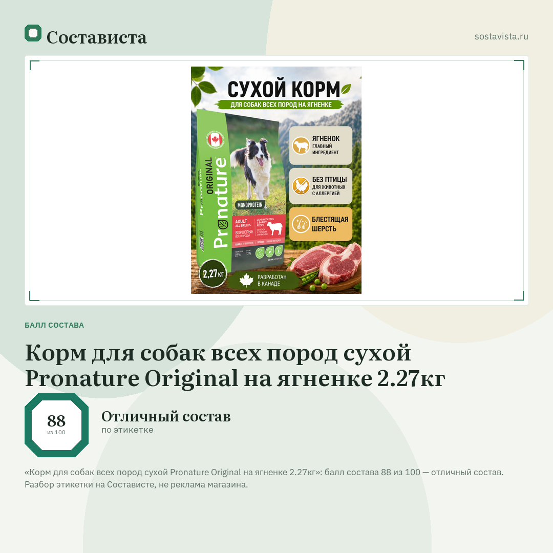 Корм для собак всех пород сухой Pronature Original на ягненке 2.27кг: балл состава 88 из 100 — Состависта