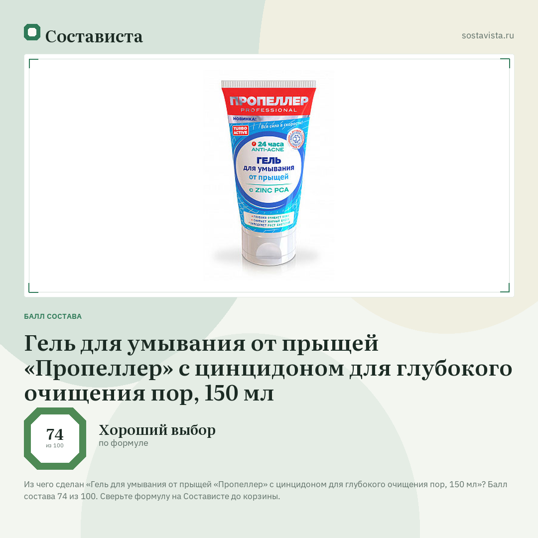 Гель для умывания от прыщей «Пропеллер» с цинцидоном для глубокого очищения пор, 150 мл: балл состава 74 из 100 — Состависта