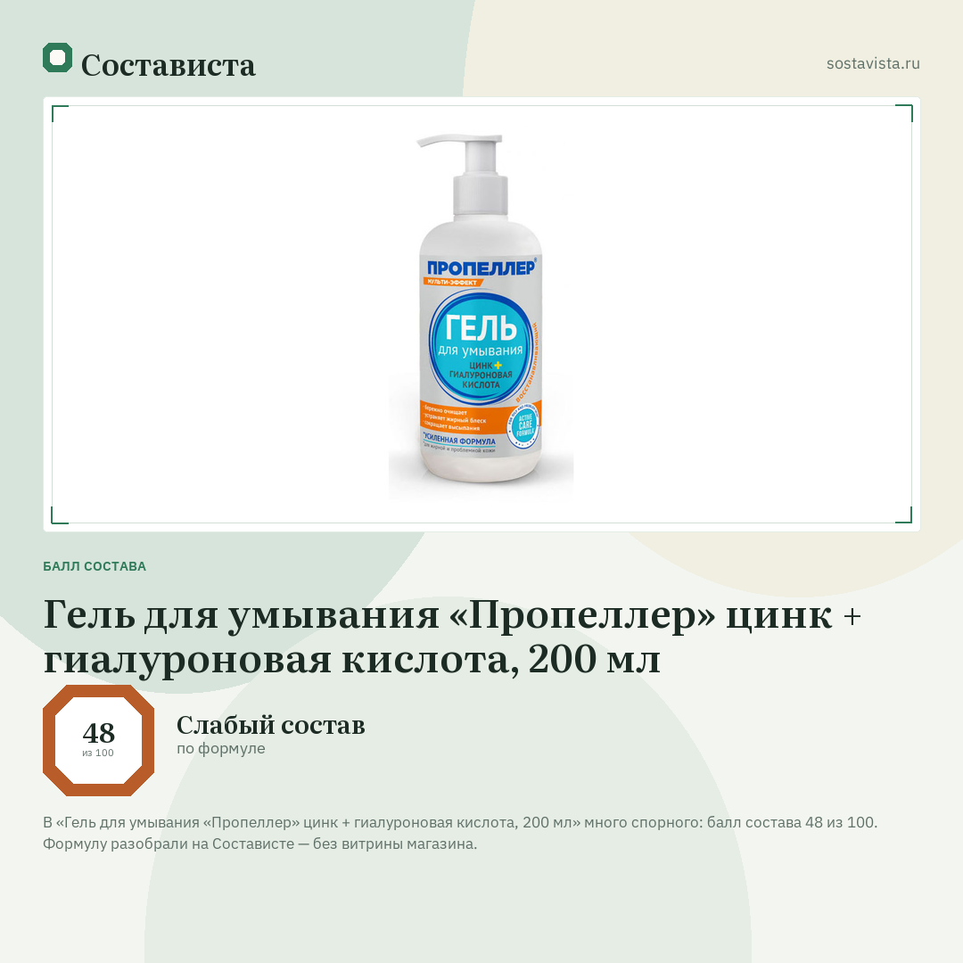 Гель для умывания «Пропеллер» цинк + гиалуроновая кислота, 200 мл: балл состава 48 из 100 — Состависта