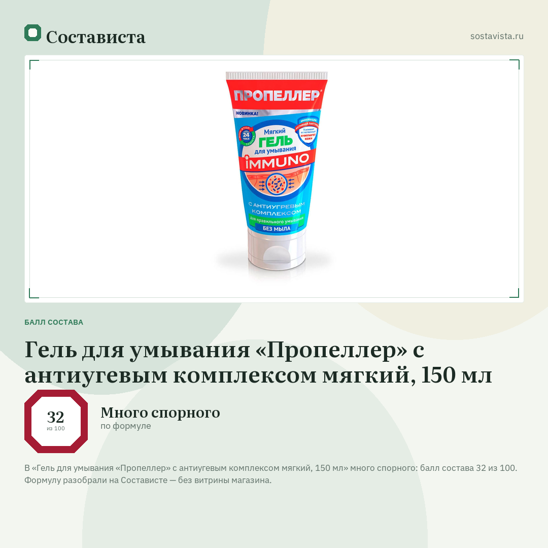 Гель для умывания «Пропеллер» с антиугевым комплексом мягкий, 150 мл: балл состава 32 из 100 — Состависта
