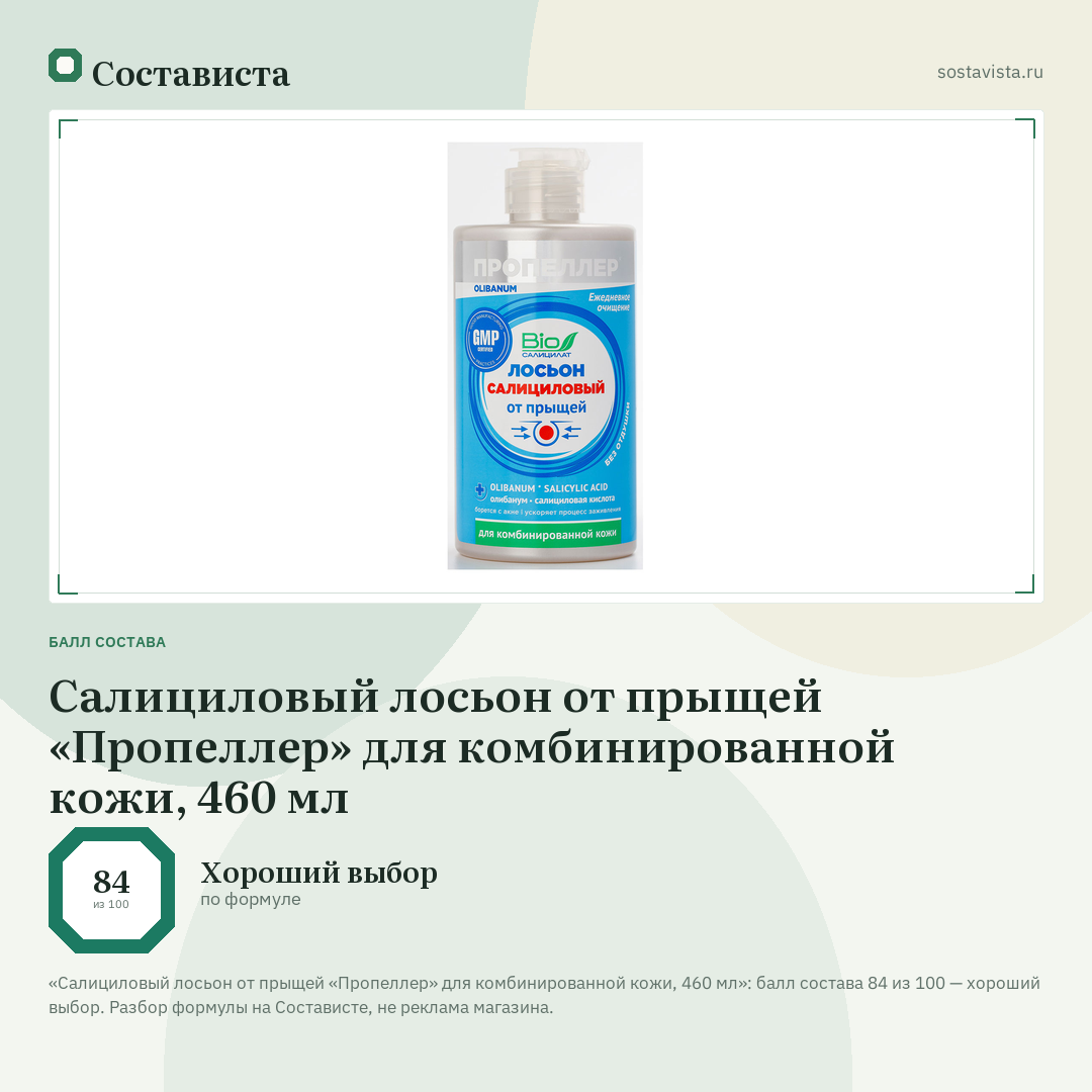 Салициловый лосьон от прыщей «Пропеллер» для комбинированной кожи, 460 мл: балл состава 84 из 100 — Состависта