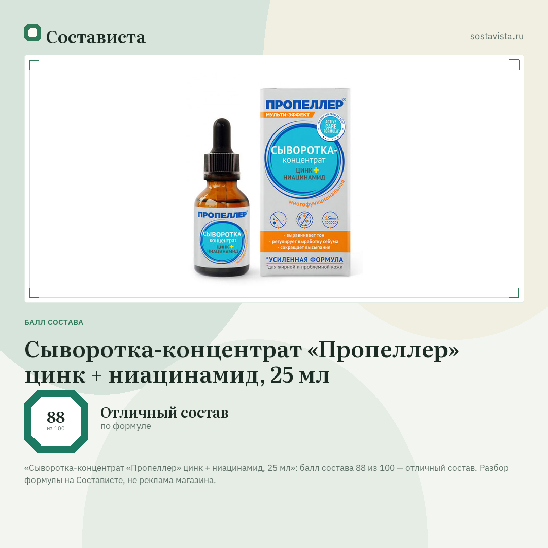 Сыворотка-концентрат «Пропеллер» цинк + ниацинамид, 25 мл: балл состава 88 из 100 — Состависта