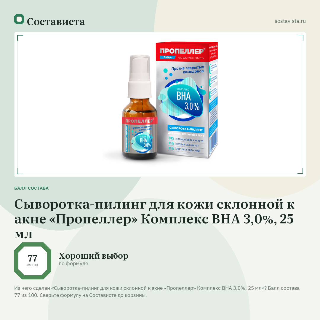 Сыворотка-пилинг для кожи склонной к акне «Пропеллер» Комплекс ВНА 3,0%, 25 мл: балл состава 77 из 100 — Состависта