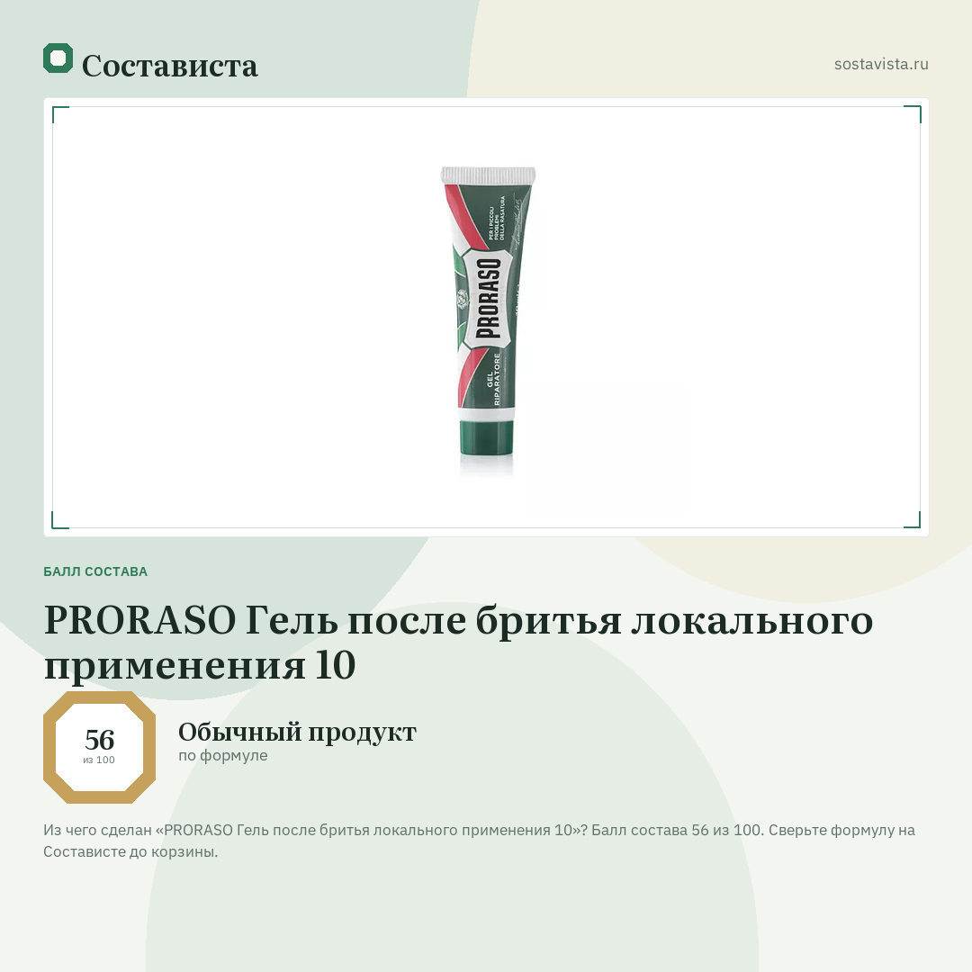 PRORASO Гель после бритья локального применения 10: балл состава 56 из 100 — Состависта