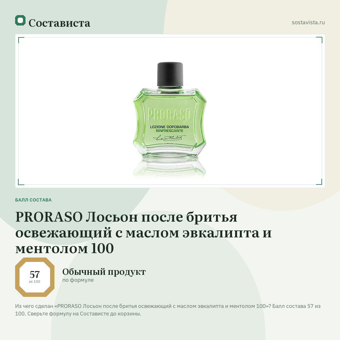 PRORASO Лосьон после бритья освежающий с маслом эвкалипта и ментолом 100: балл состава 57 из 100 — Состависта