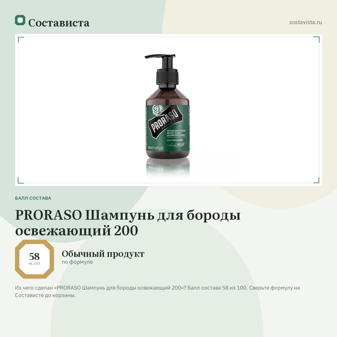 PRORASO Шампунь для бороды освежающий 200: балл состава 58 из 100 — Состависта