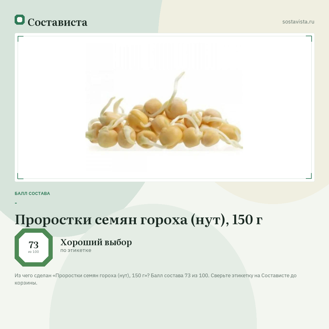 Проростки семян гороха (нут), 150 г: балл состава 73 из 100 — Состависта