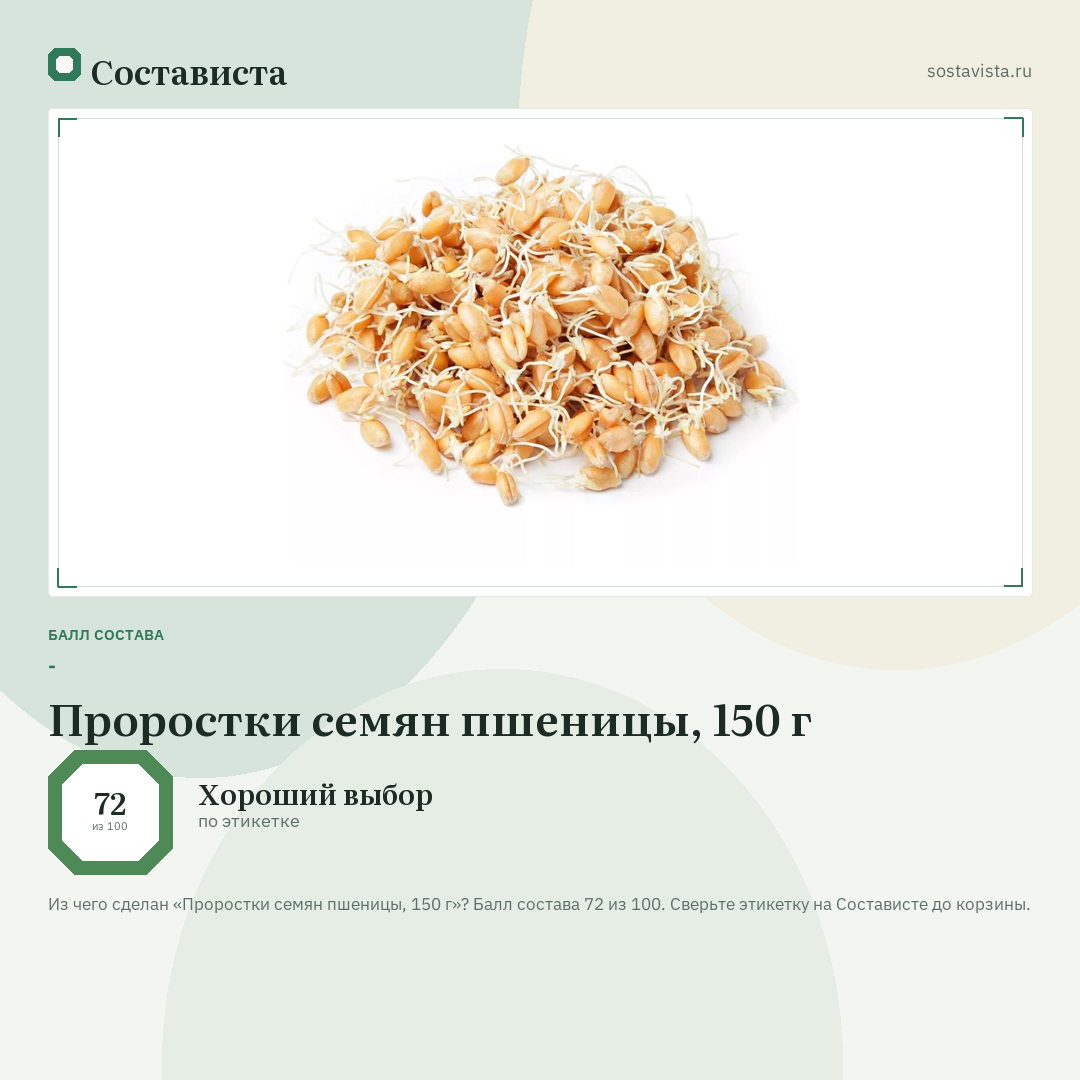 Проростки семян пшеницы, 150 г: балл состава 72 из 100 — Состависта