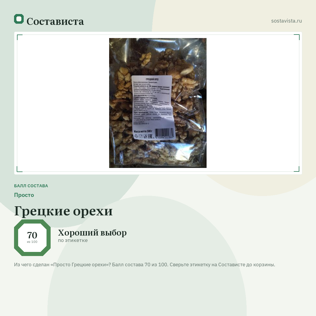 Просто Грецкие орехи: балл состава 70 из 100 — Состависта