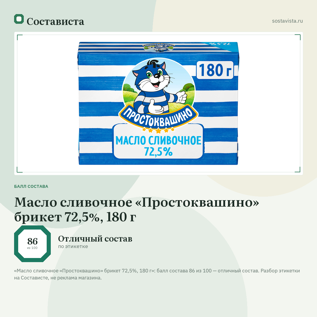 Масло сливочное «Простоквашино» брикет 72,5%, 180 г: балл состава 86 из 100 — Состависта