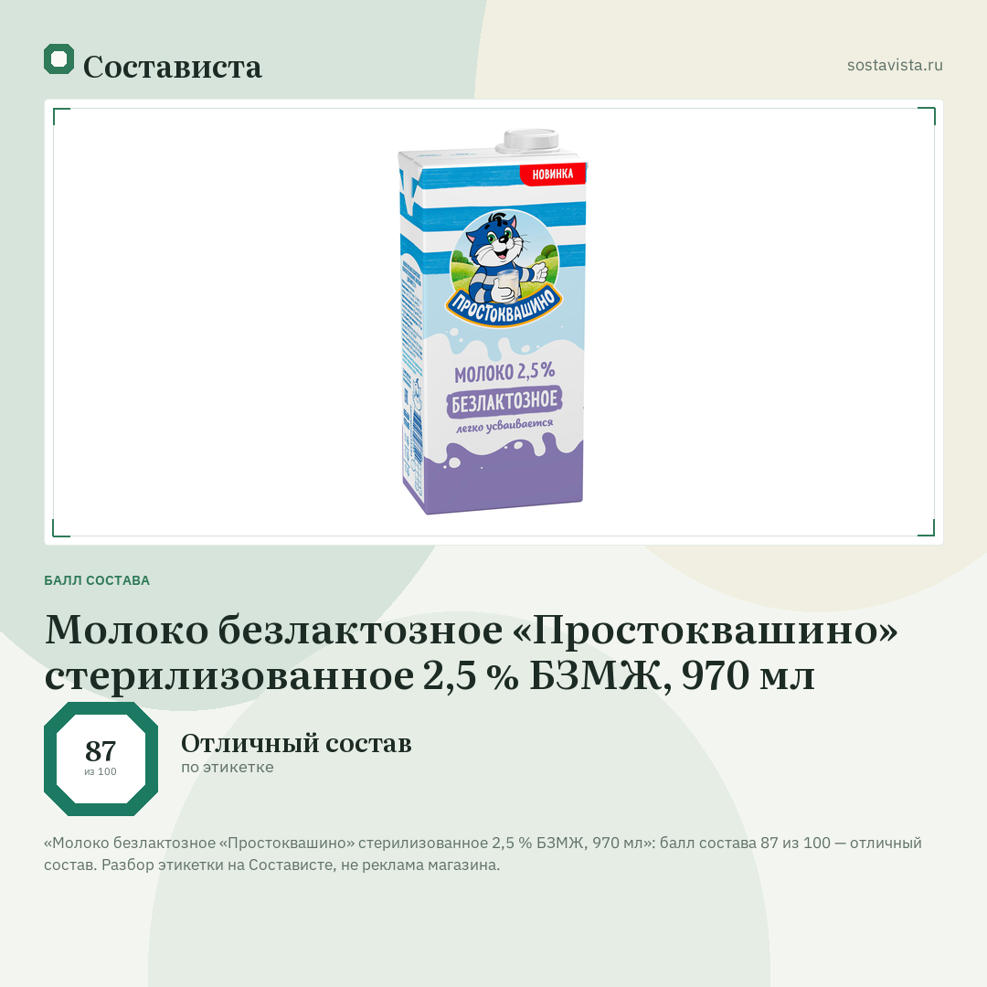 Молоко безлактозное «Простоквашино» стерилизованное 2,5 % БЗМЖ, 970 мл: балл состава 87 из 100 — Состависта