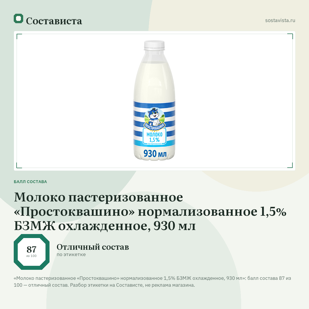 Молоко пастеризованное «Простоквашино» нормализованное 1,5% БЗМЖ охлажденное, 930 мл: балл состава 87 из 100 — Состависта