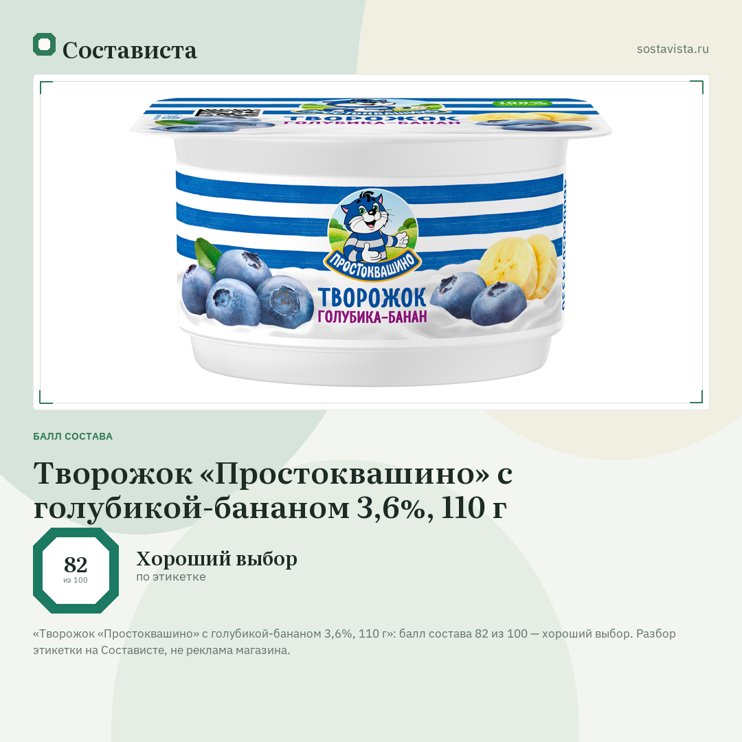 Творожок «Простоквашино» с голубикой-бананом 3,6%, 110 г: балл состава 82 из 100 — Состависта