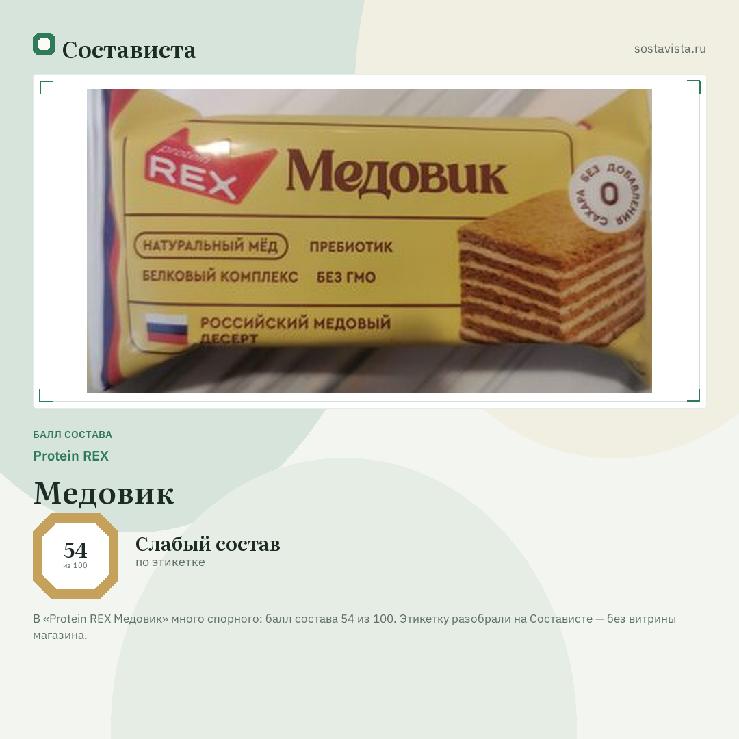 Protein REX Медовик: балл состава 54 из 100 — Состависта