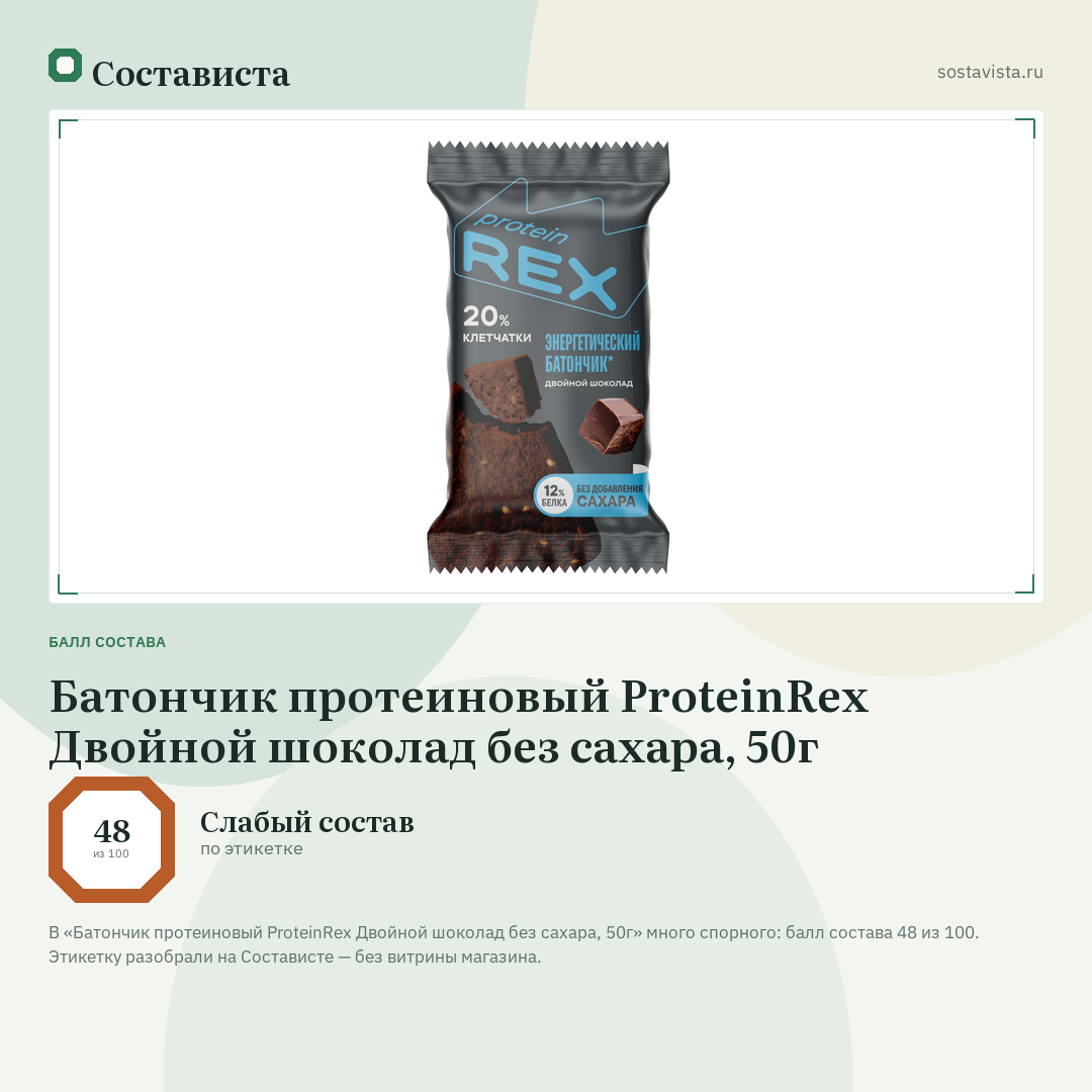 Батончик протеиновый ProteinRex Двойной шоколад без сахара, 50г: балл состава 48 из 100 — Состависта