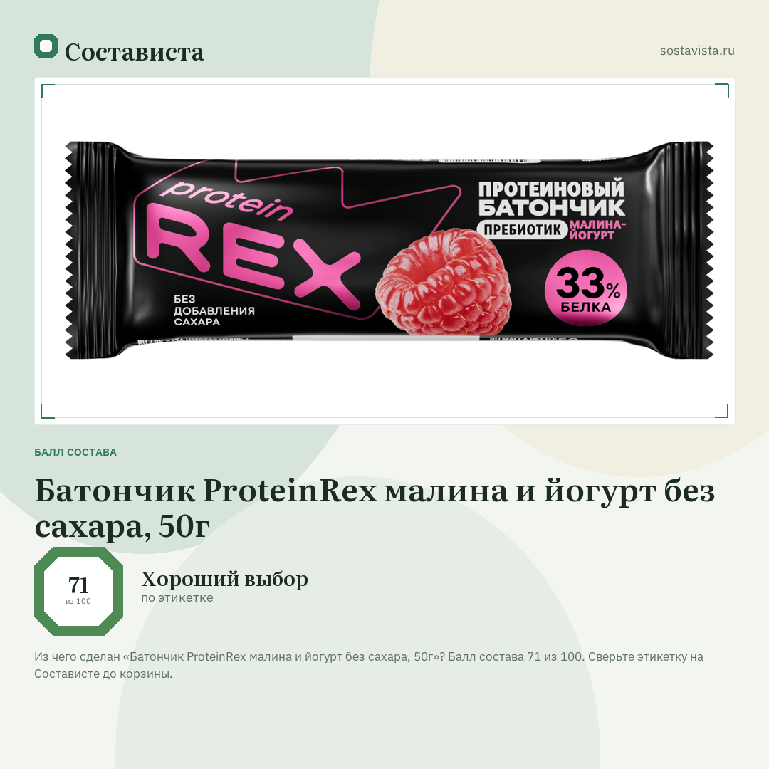Батончик ProteinRex малина и йогурт без сахара, 50г: балл состава 71 из 100 — Состависта